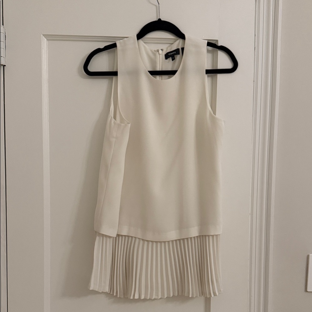 Theory Ivory Sleeveless Blouse with Pleated Detail